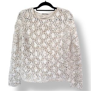Zara Beige Cream Crochet Lace Sweater Women’s Medium Boho Open Knit Pullover Top